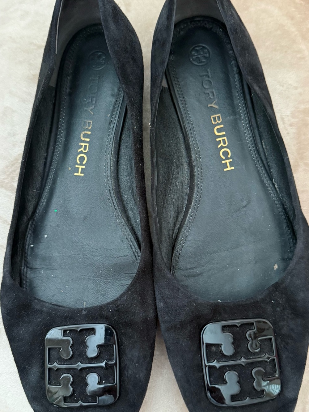 Tory Burch Georgia Black Suede Logo Ballet Flats